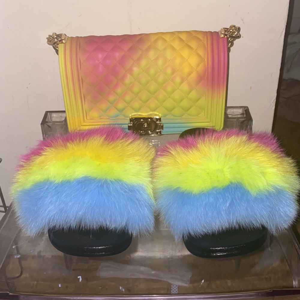 Fur slippers matching bag